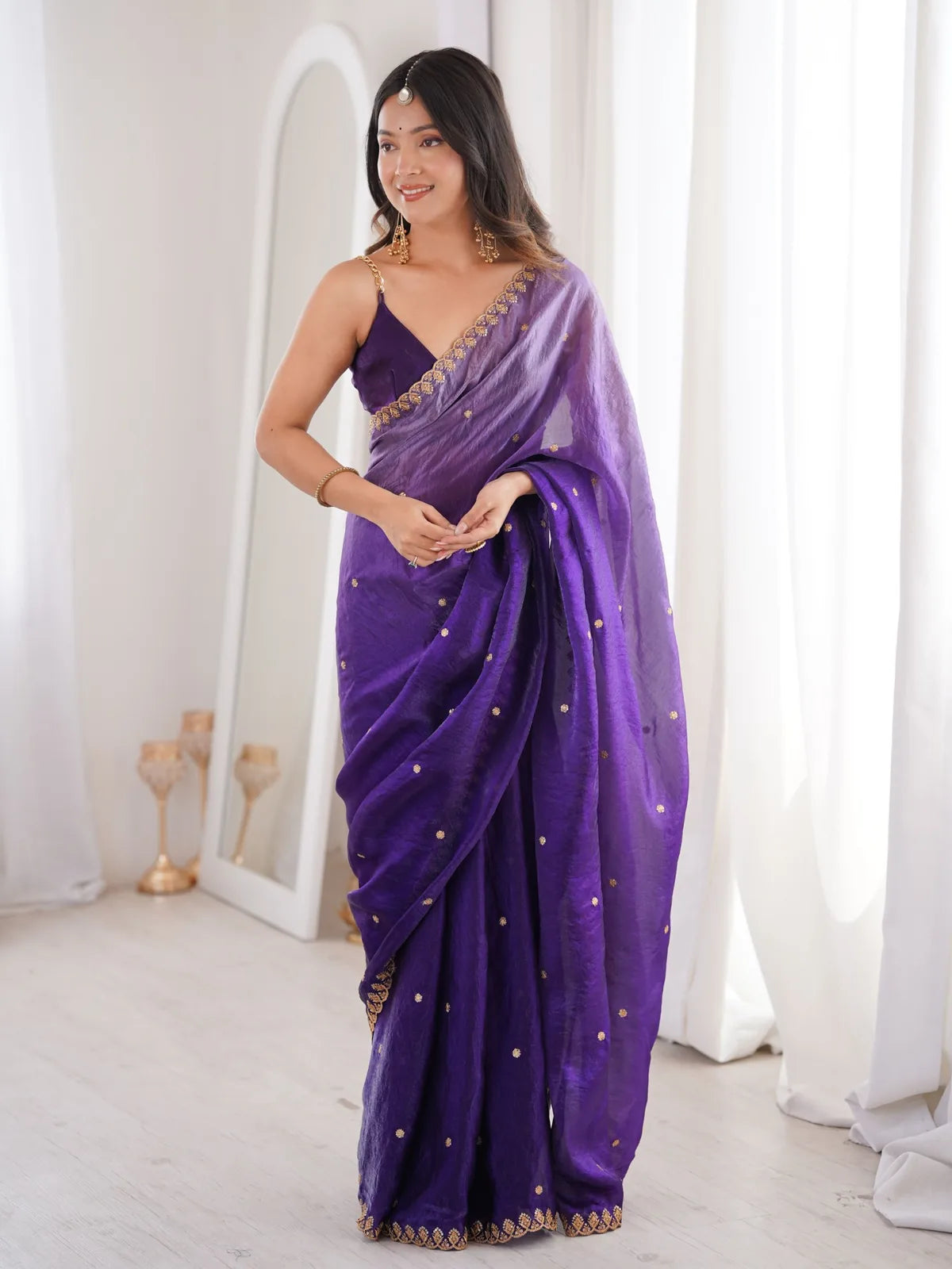 Tarani Suchita purple Fendy Satin saree with sequence embroidery work full front view for wedding and festive wear