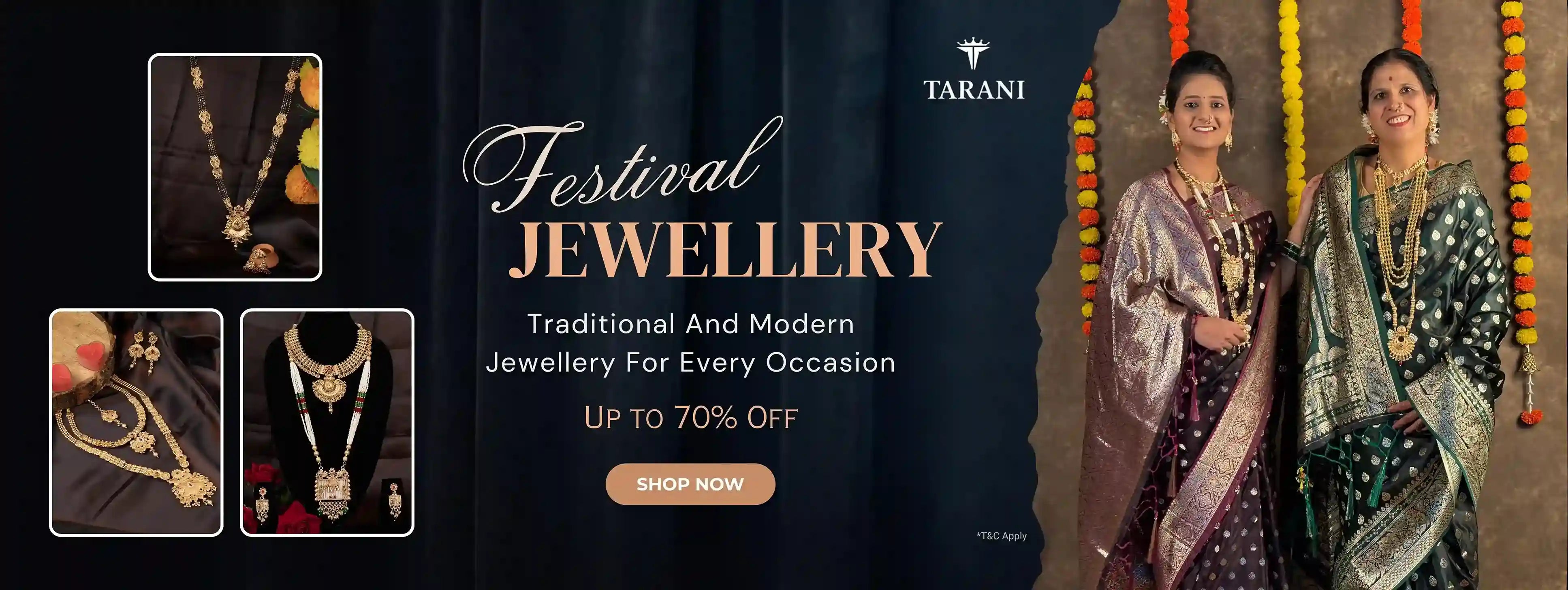 Tarani traditional and modern festival jewellery collection featuring gold plated necklaces, earrings and ethnic jewellery sets for women