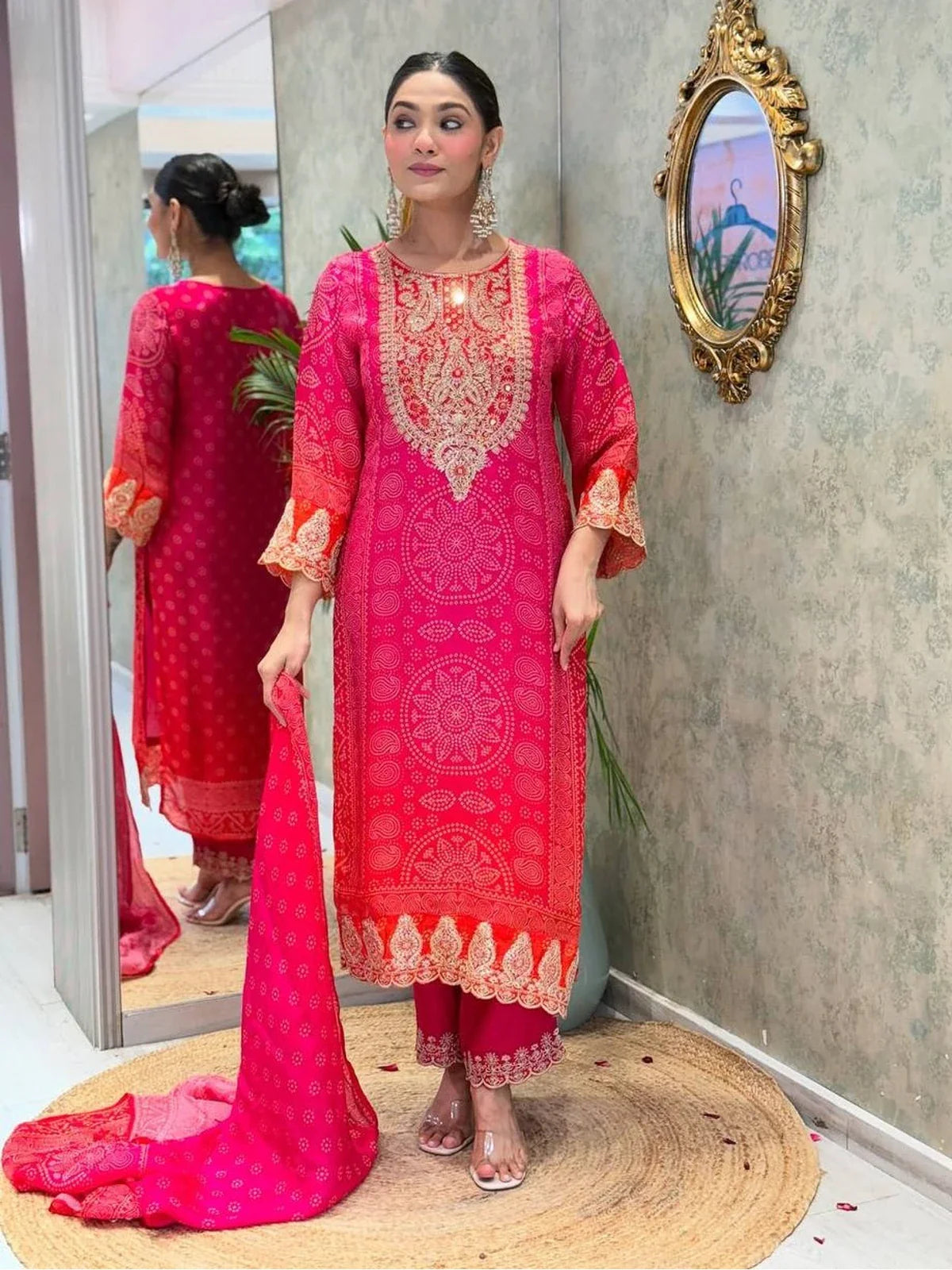 Tarani pink French Crepe dress full-length festive wear look