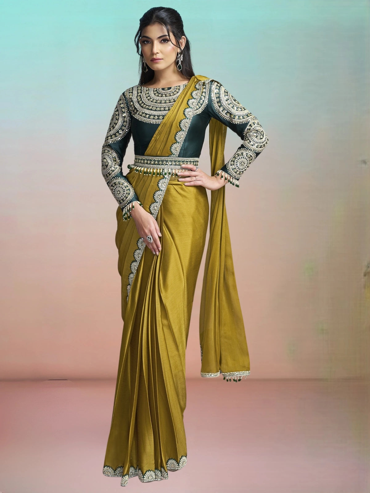 Tarani Gaura mustard ready to wear Georgette Chiffon Satin saree full view with embroidered blouse