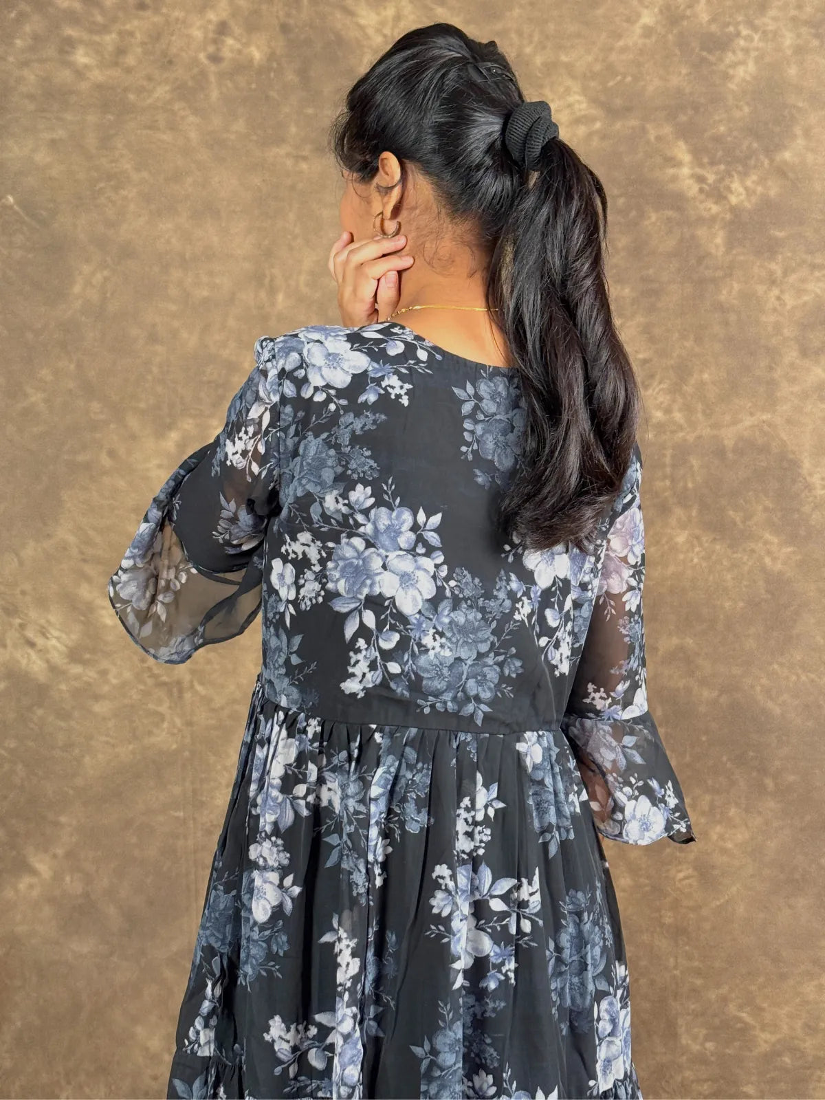Tarani black georgette midi dress with floral prints back view
