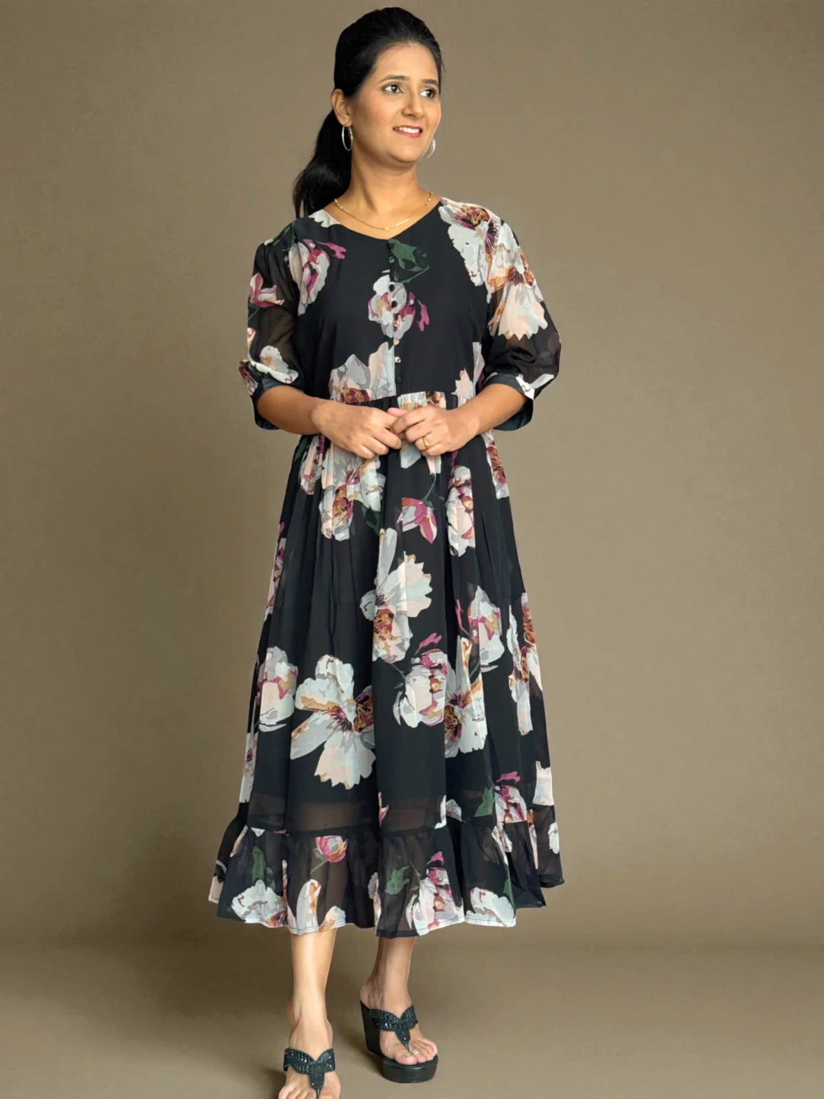 Tarani black floral georgette midi dress front pose view
