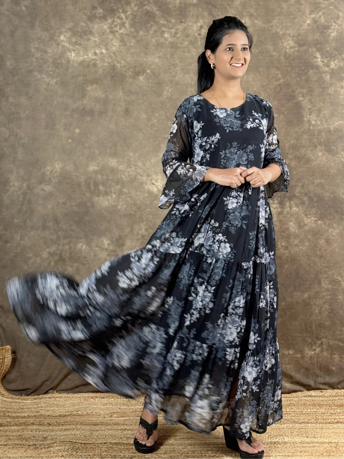 Tarani elegant black georgette midi dress with floral design full view
