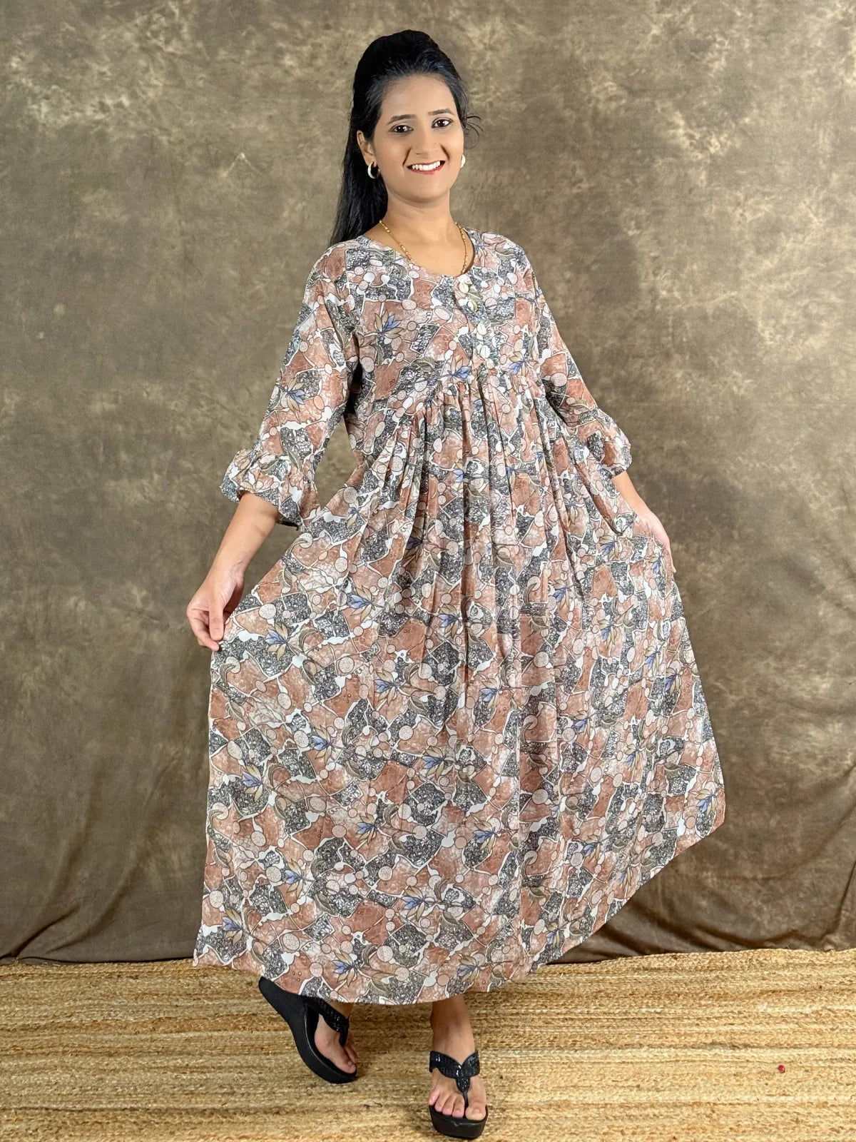 Tarani brown georgette midi dress full view with flare design