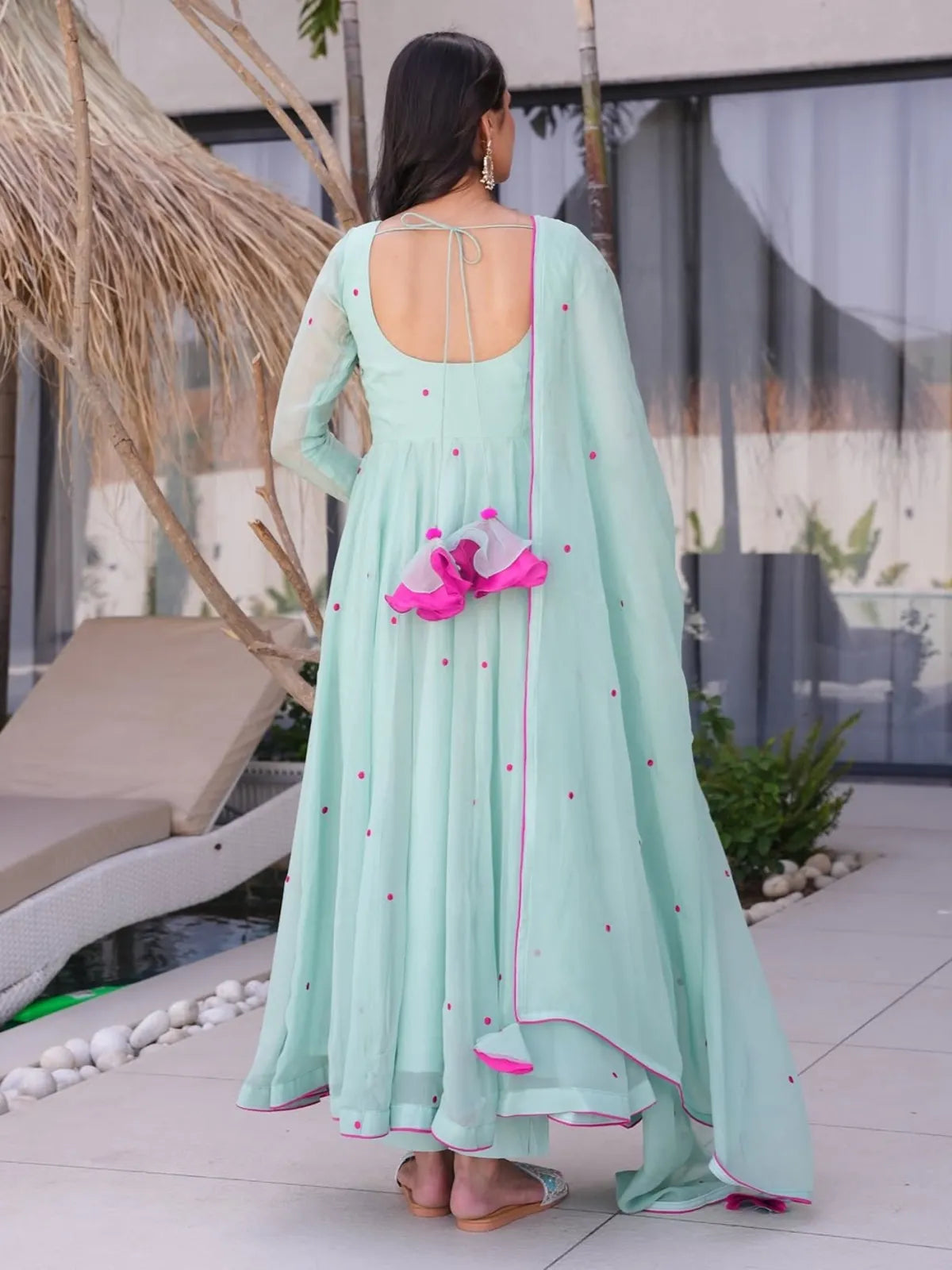 Tarani green georgette embroidered dress with tassel back tie and dupatta - back view - Anila