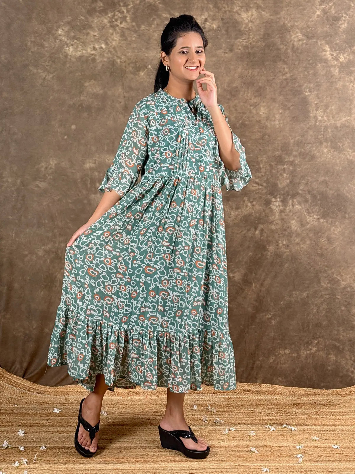Tarani premium green georgette midi dress full view with floral abstract design
