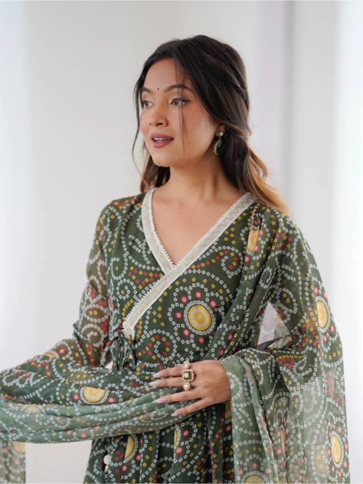 Tarani festive georgette dress upper body closeup showing neckline and prints