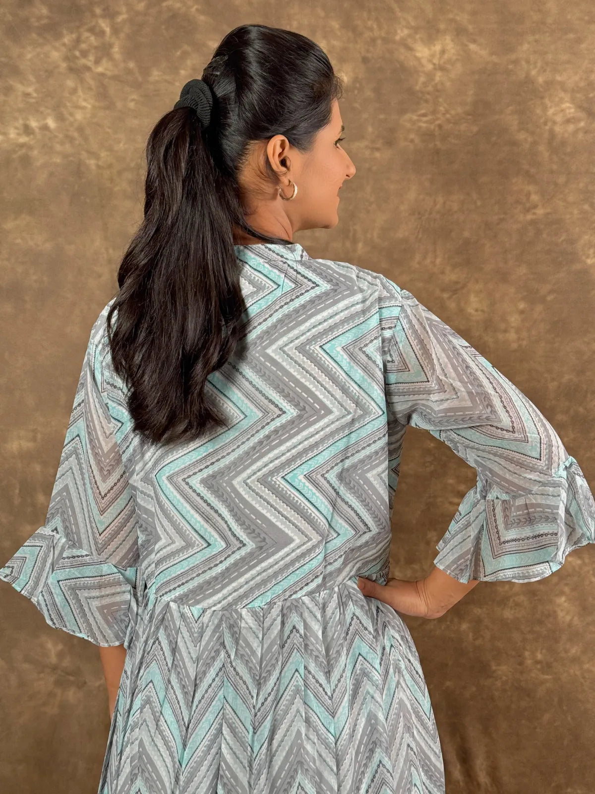 Tarani grey blue georgette midi dress with chevron design back view