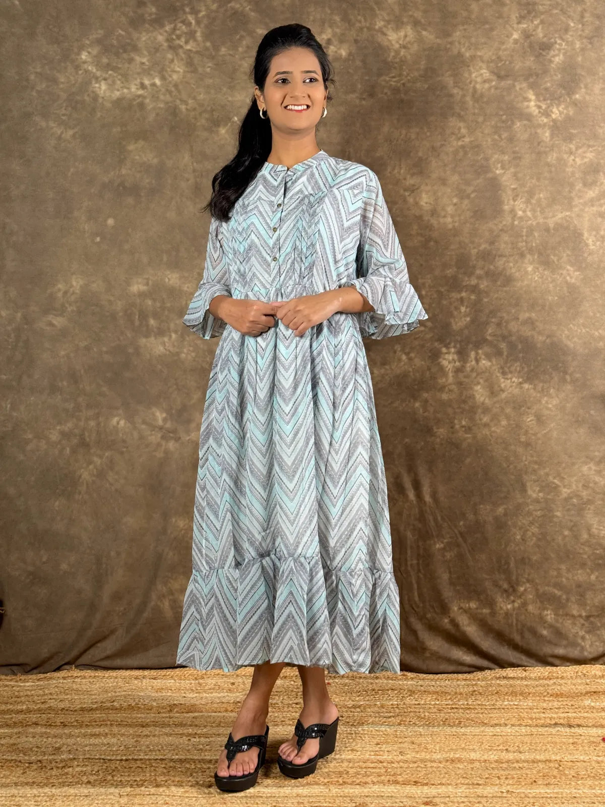 Tarani grey blue georgette midi dress with chevron design front view