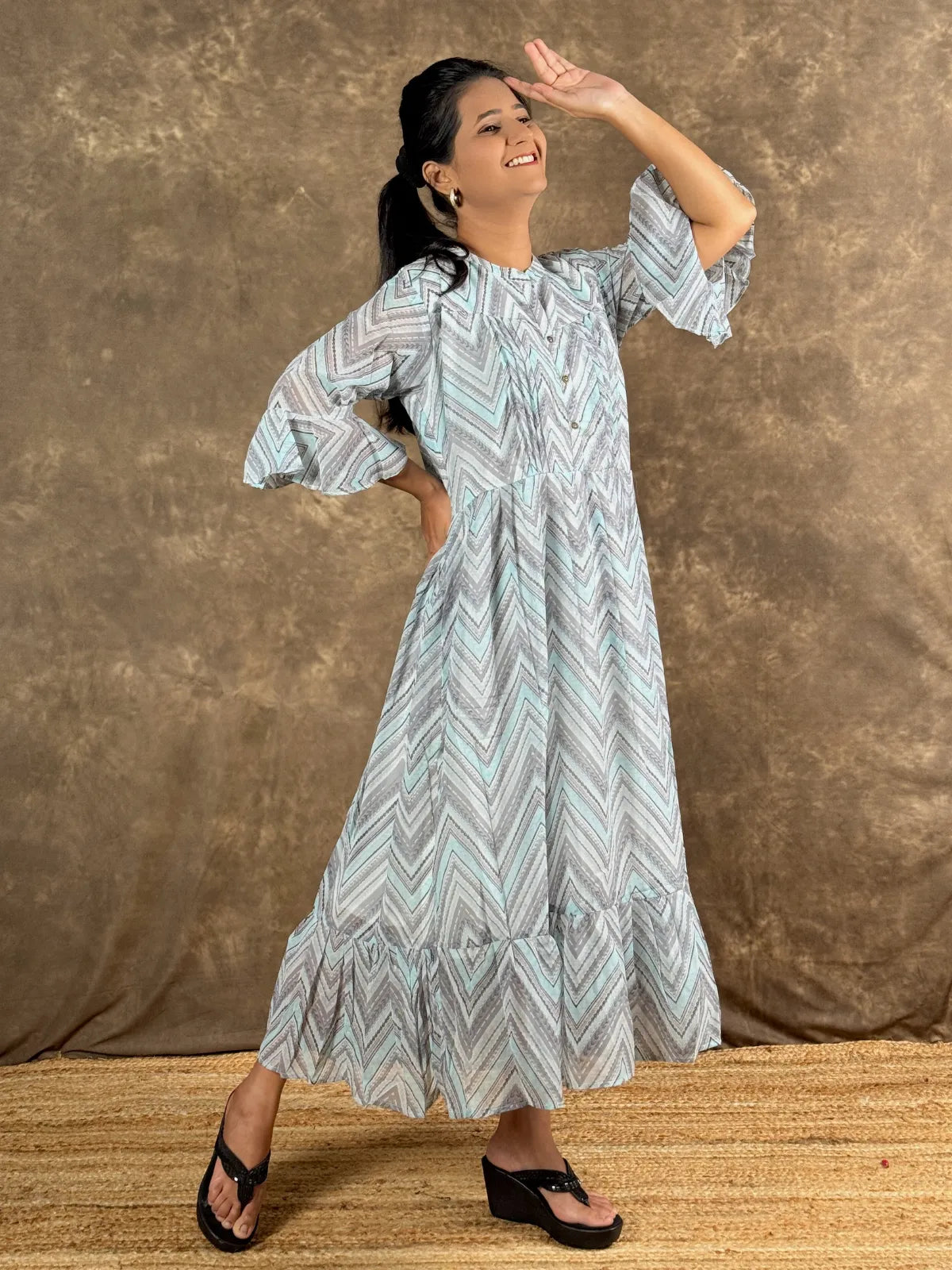 Tarani grey blue georgette midi dress with chevron design full view
