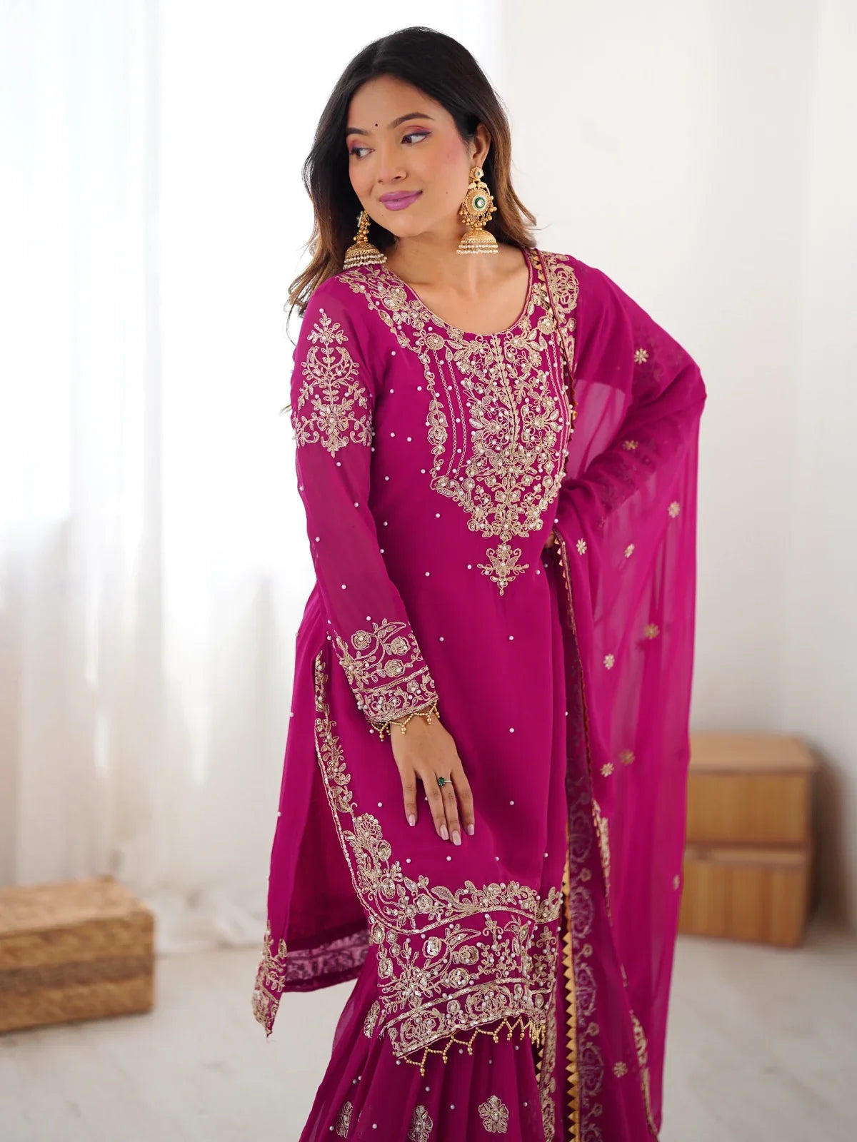 Tarani magenta georgette dress upper body with embroidery and dupatta