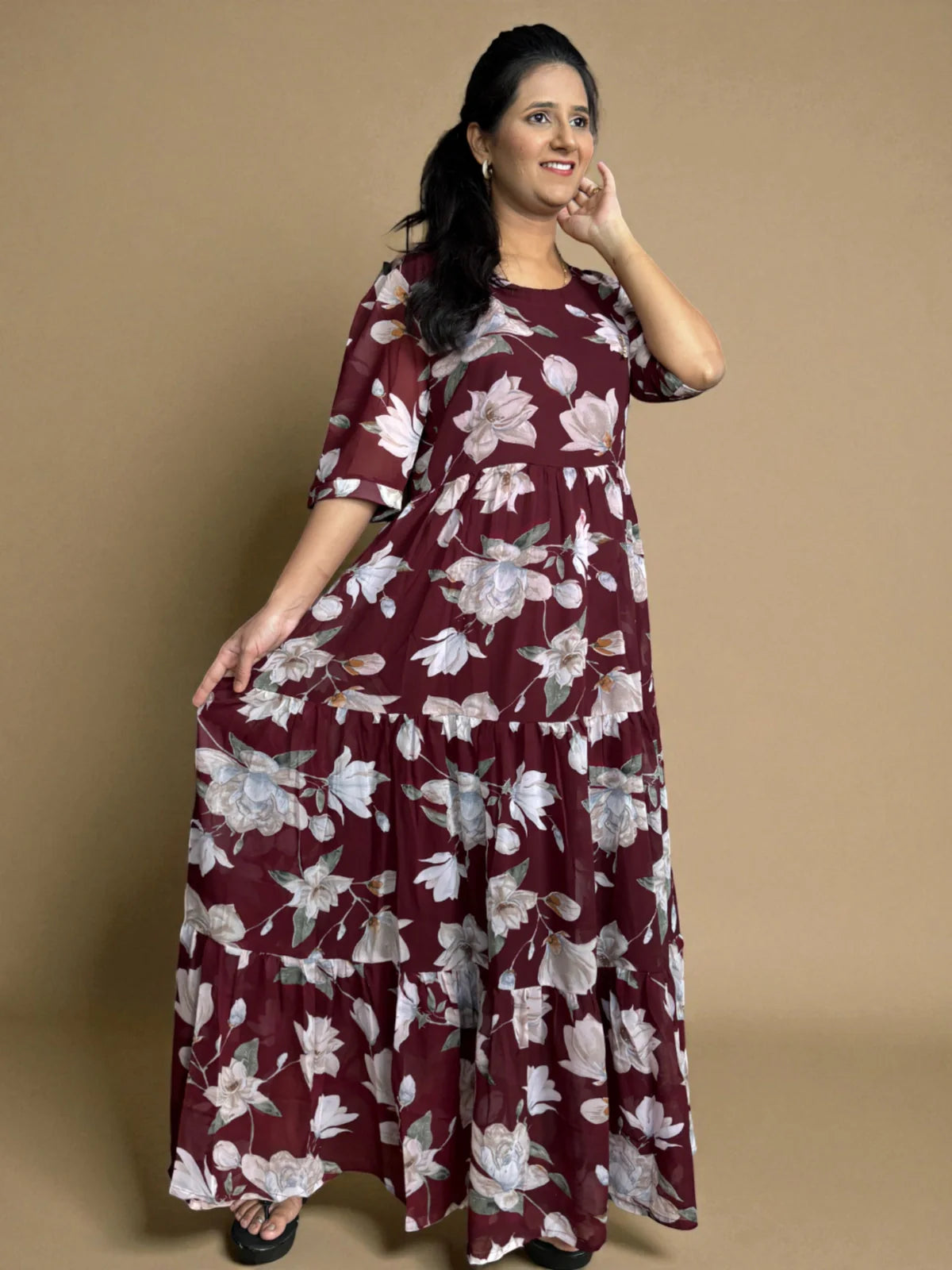 georgette midi dress for women Shop Elegant Maroon Georgette Midi Dress for Women TARANI
