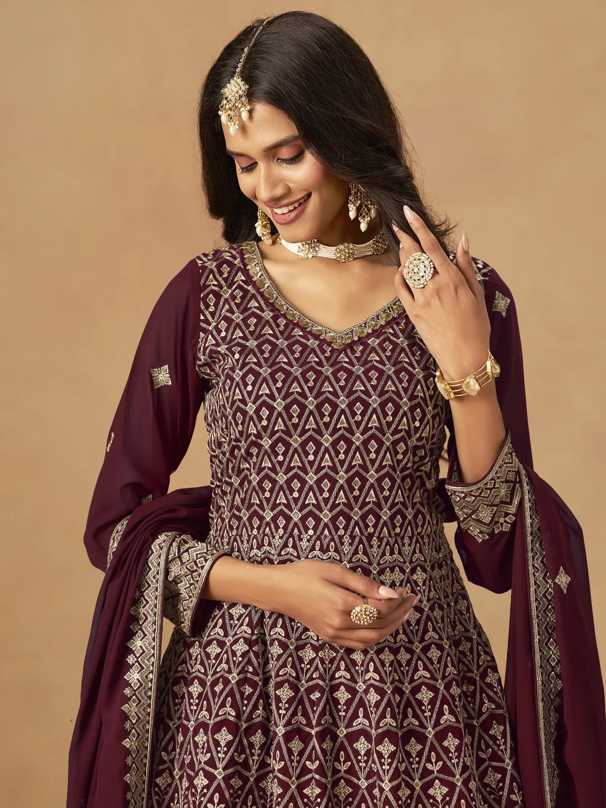 Tarani maroon georgette dress with embroidery upper body close view