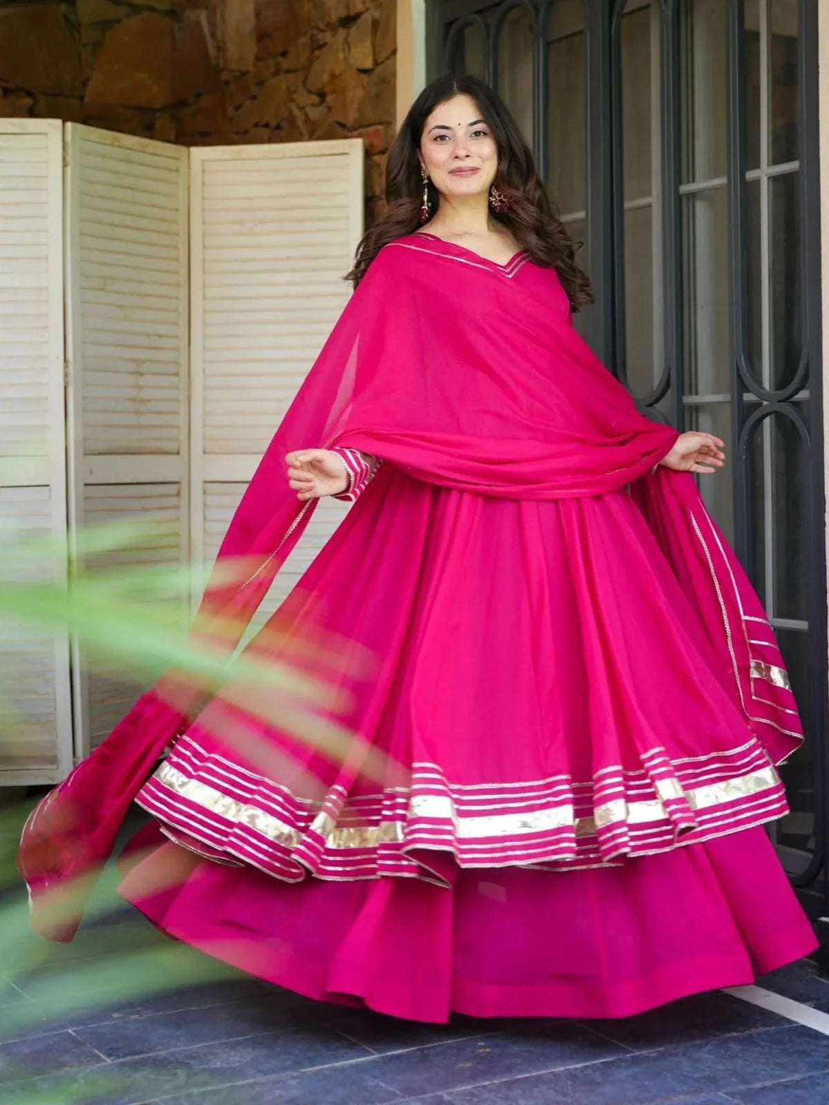 Tarani premium pink festive georgette dress full flare view with dupatta styling