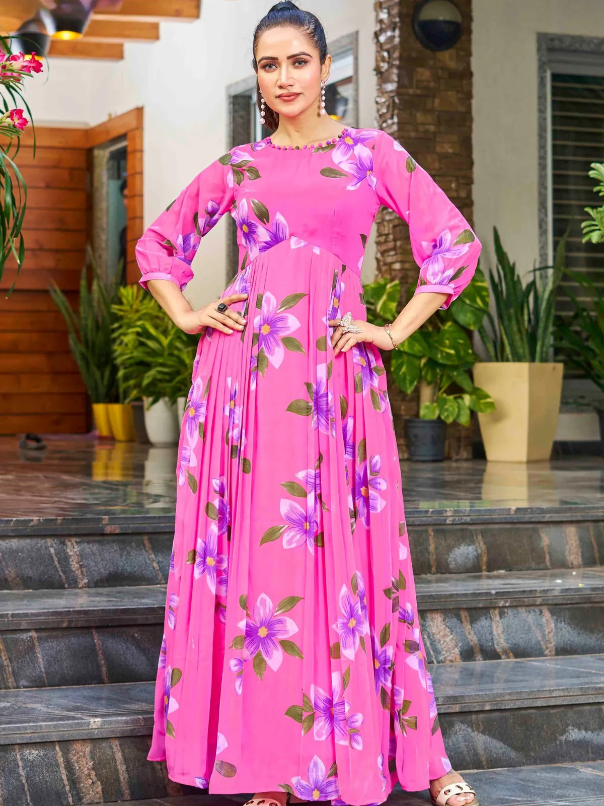 Tarani pink georgette dress full view with floral print and crepe lining for festive occasions