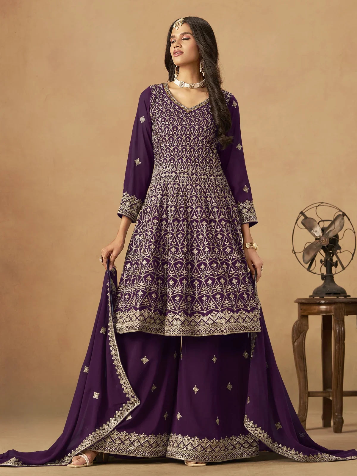 Tarani premium purple georgette dress with embroidery full view for weddings and festive occasions
