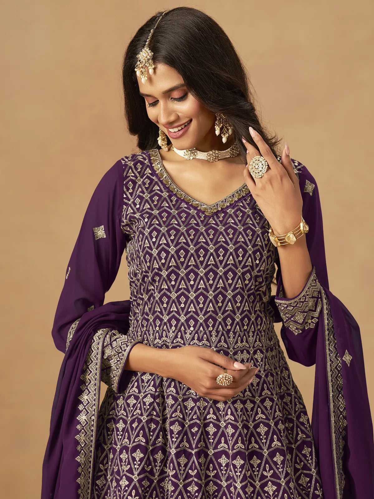 Tarani purple georgette dress upper body view with embroidery details