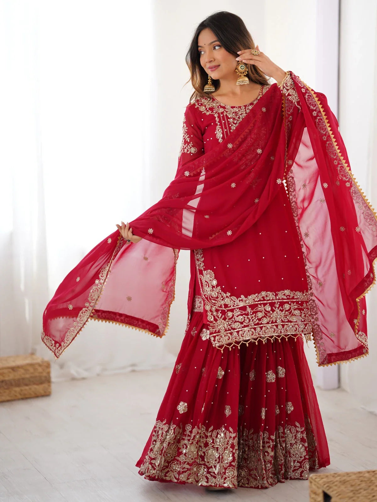 Tarani premium red georgette sharara dress with golden embroidery full view
