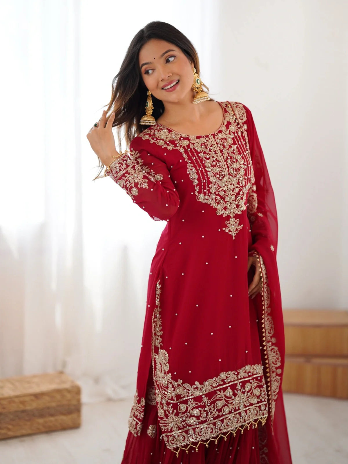 Tarani premium red georgette sharara dress with embroidery upper body view