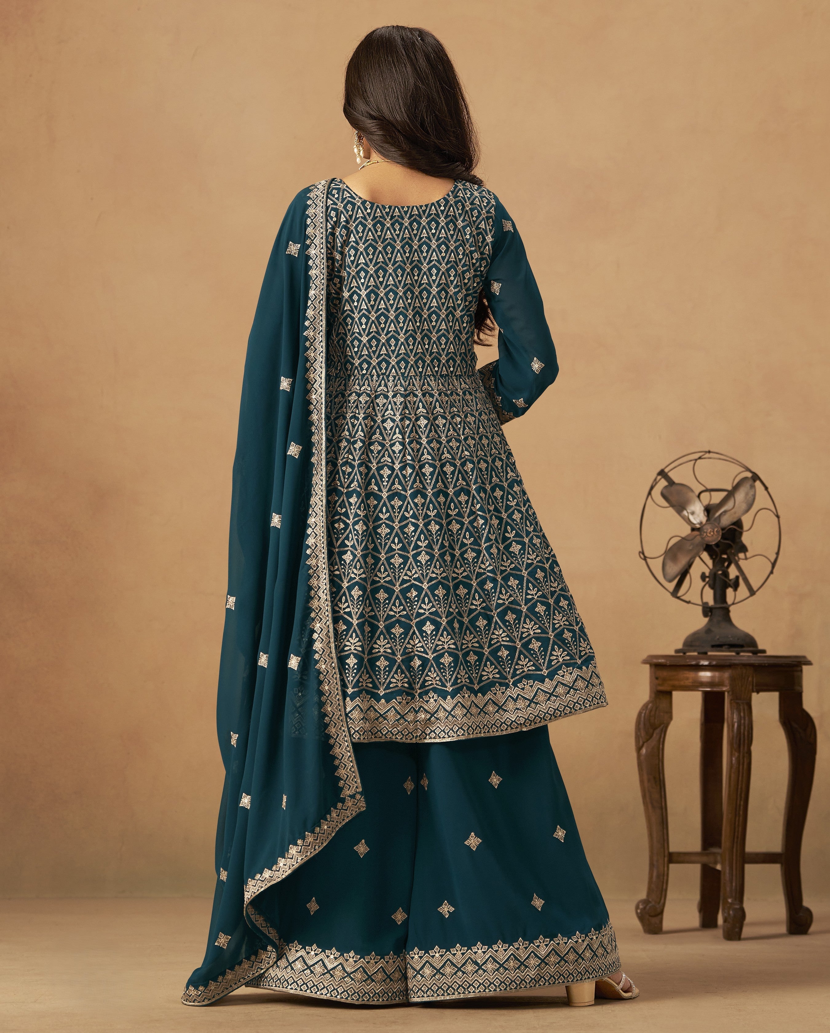 Tarani teal georgette dress back view with dupatta