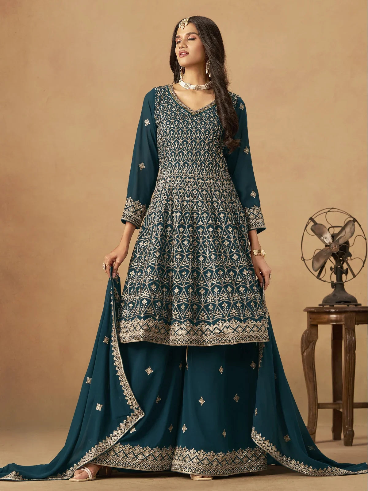 Tarani teal georgette dress with dupatta and palazzo in full view