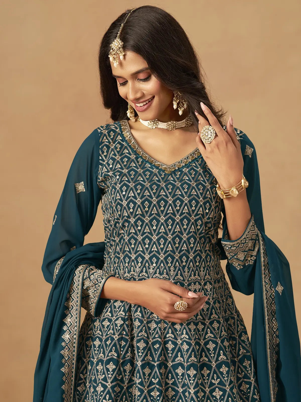 Tarani teal georgette embroidered dress upper body view