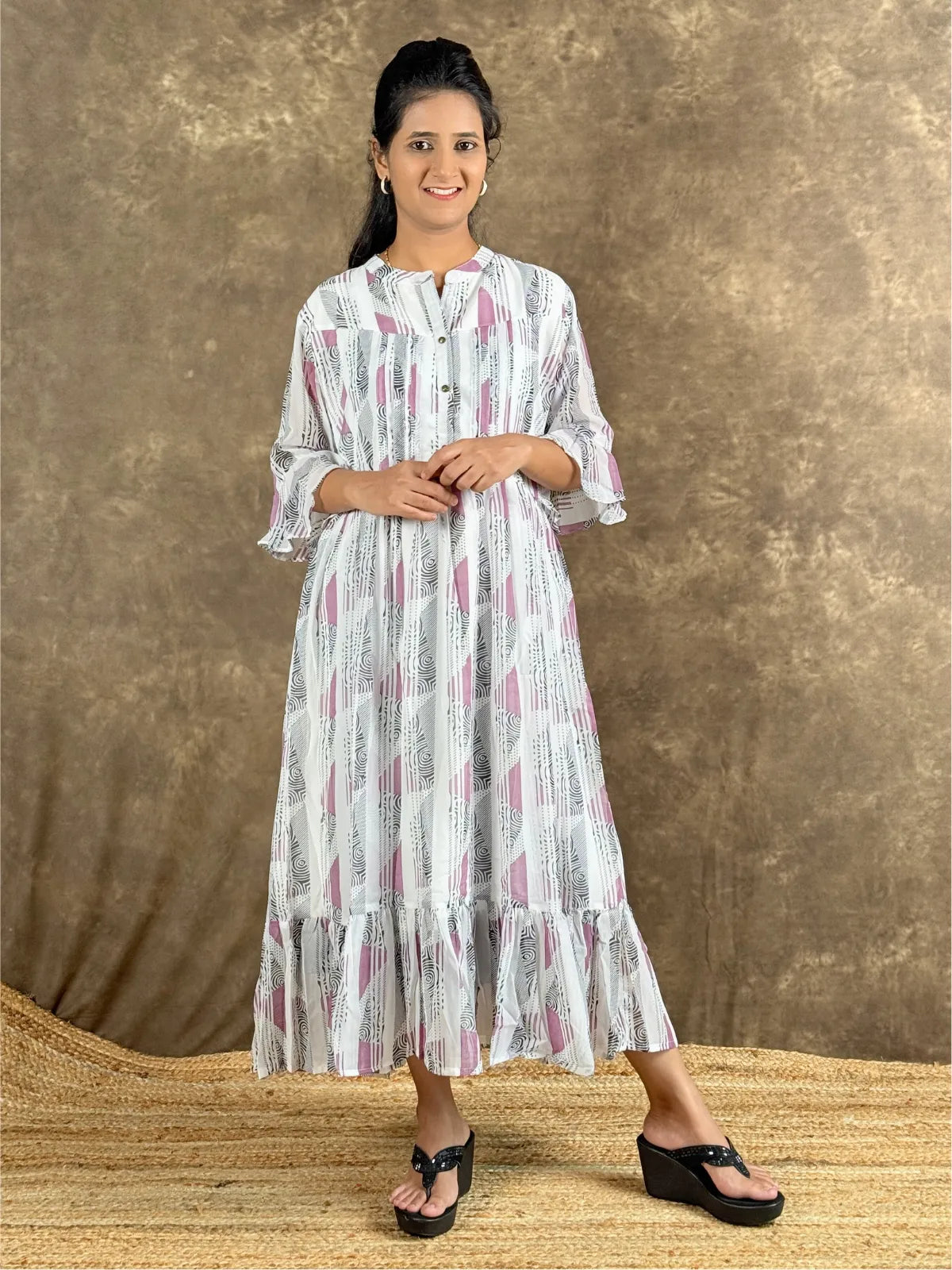 Tarani elegant white georgette midi dress with mauve patterns full view