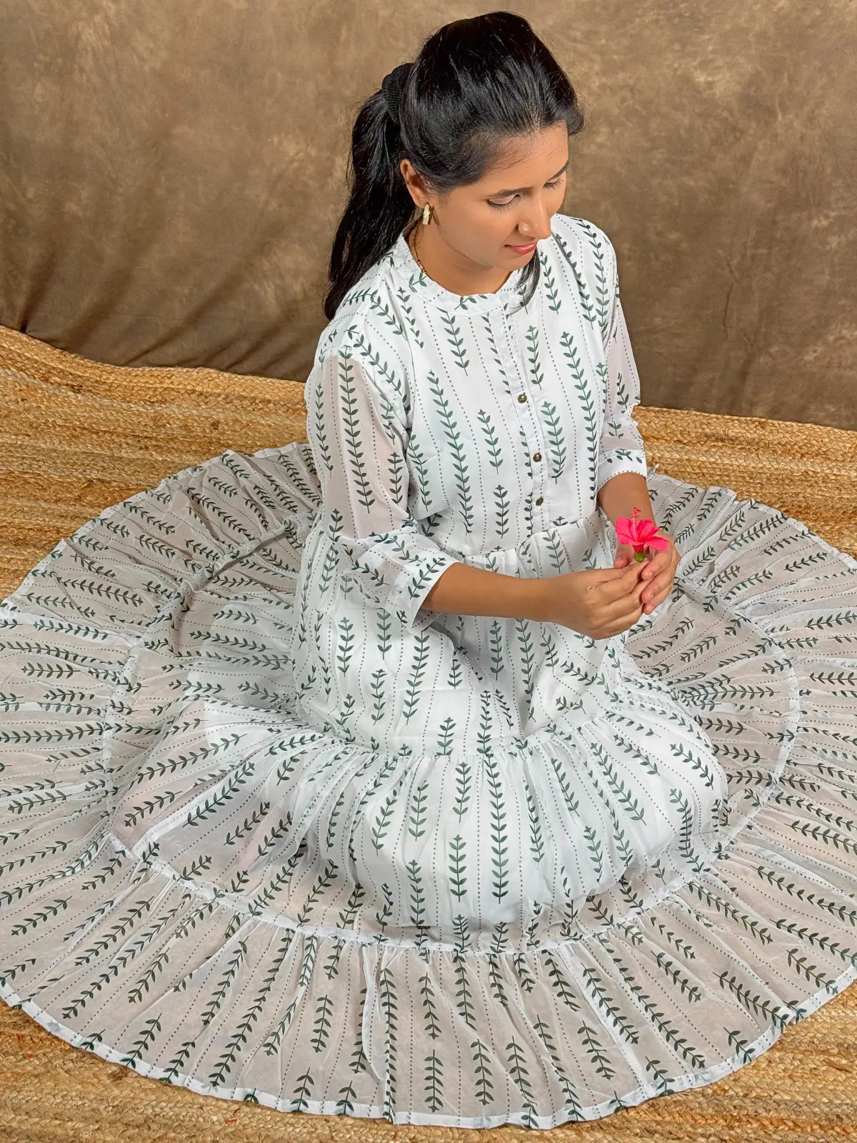 Tarani white georgette midi dress full view with leafy pattern and elegant design