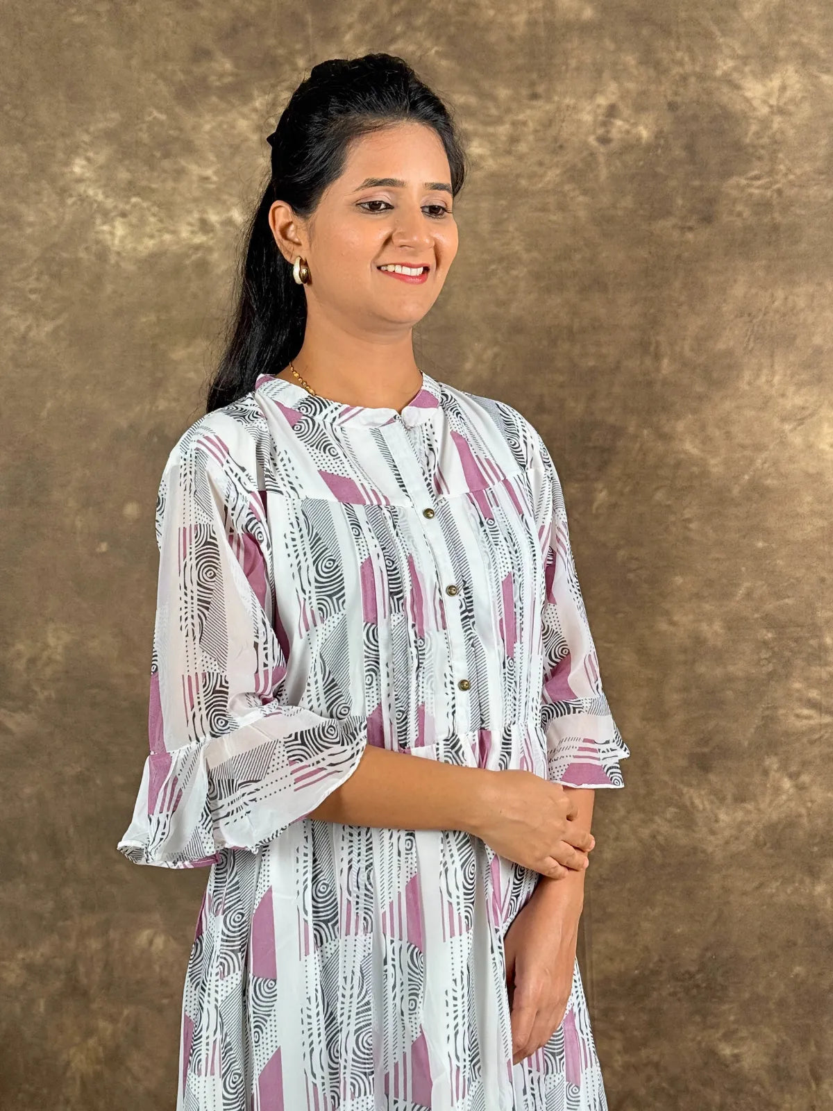 Tarani white georgette midi dress with mauve patterns upper body view