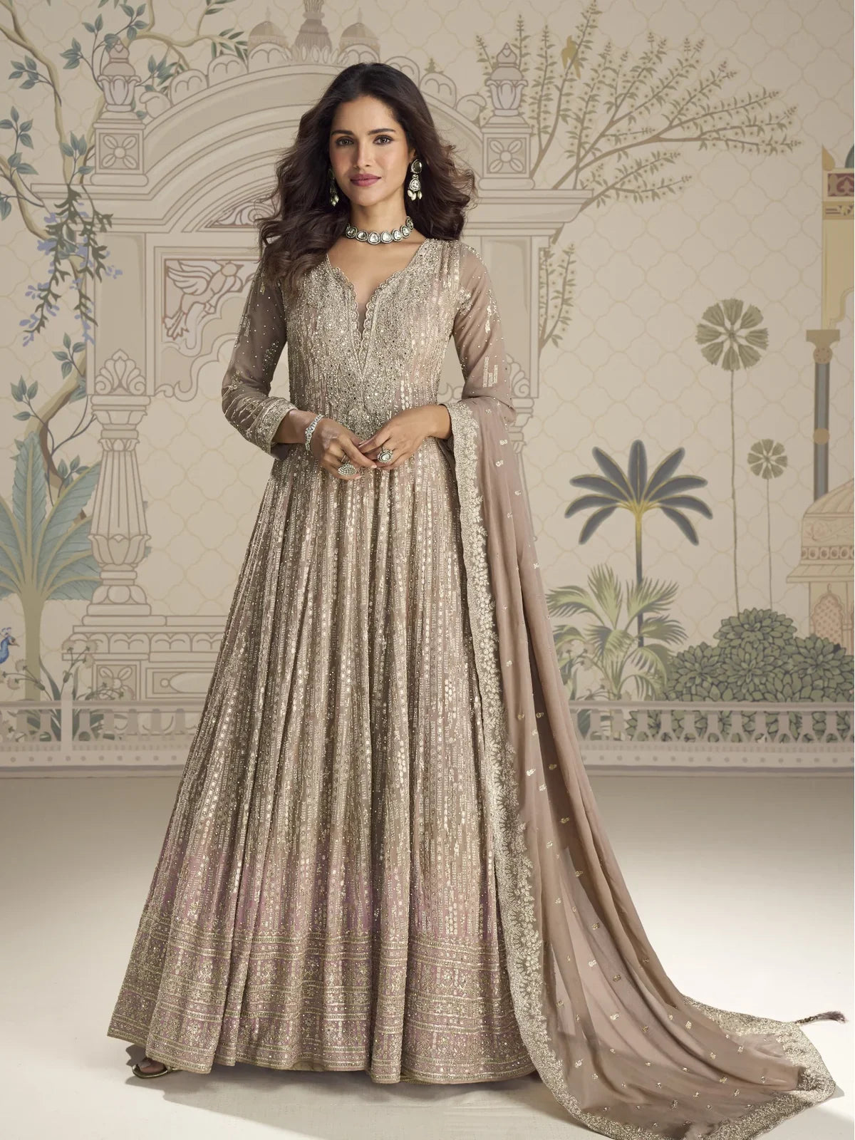 Tarani premium beige georgette embroidered gown full view with dupatta