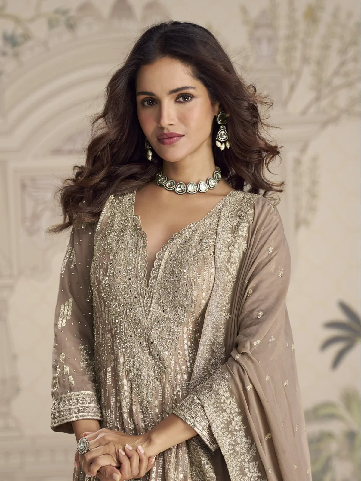 Tarani beige georgette gown upper body view showing zari embroidery and neckline