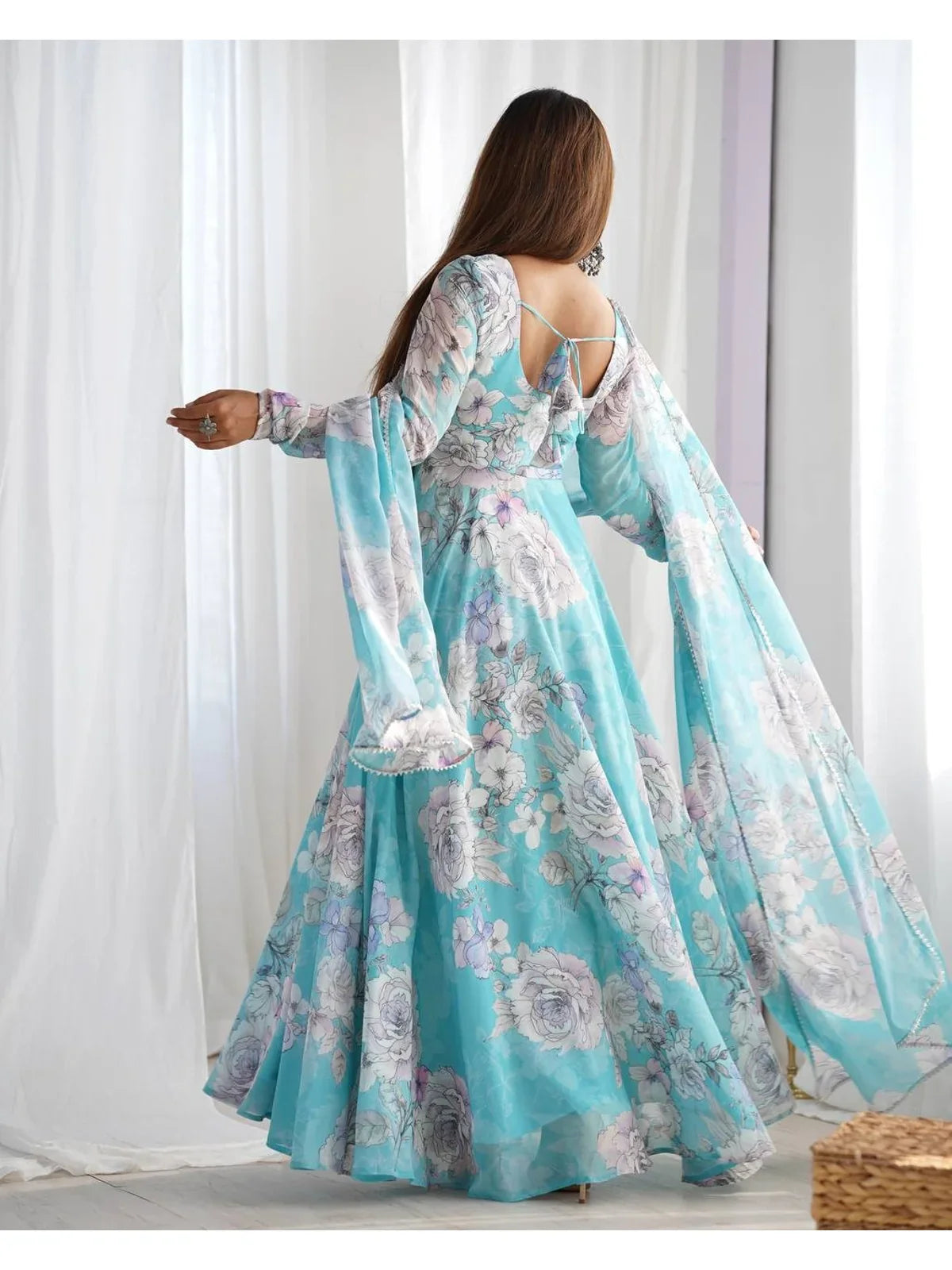 Tarani back view of premium blue georgette gown with dupatta and tie-up back - Vinamrita