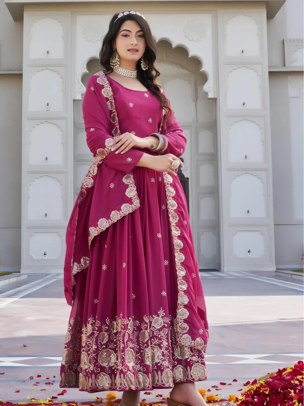 Tarani magenta georgette gown with heavy sequence embroidery full view for festive wear