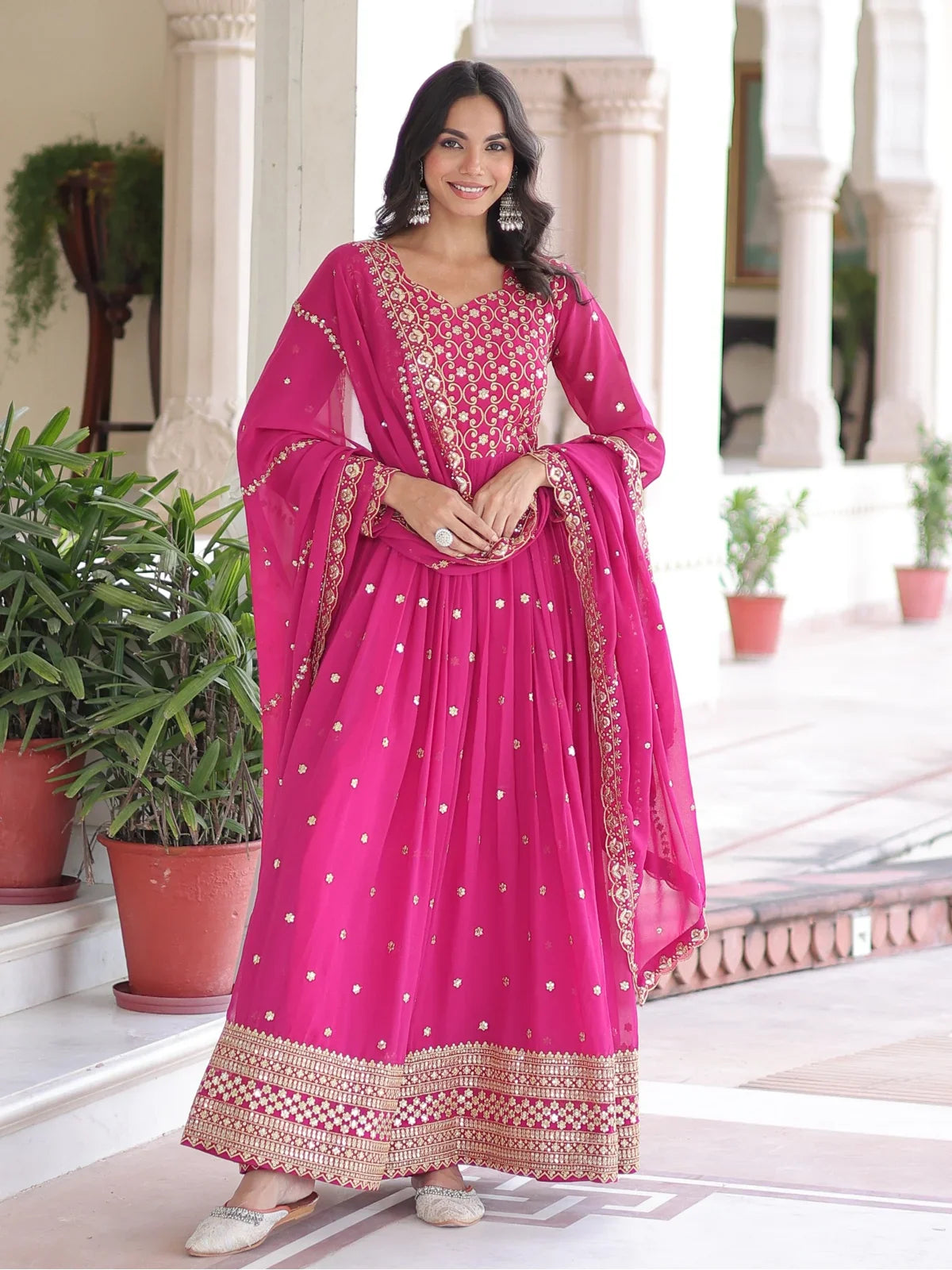 Tarani premium pink georgette full view embroidered party gown with dupatta