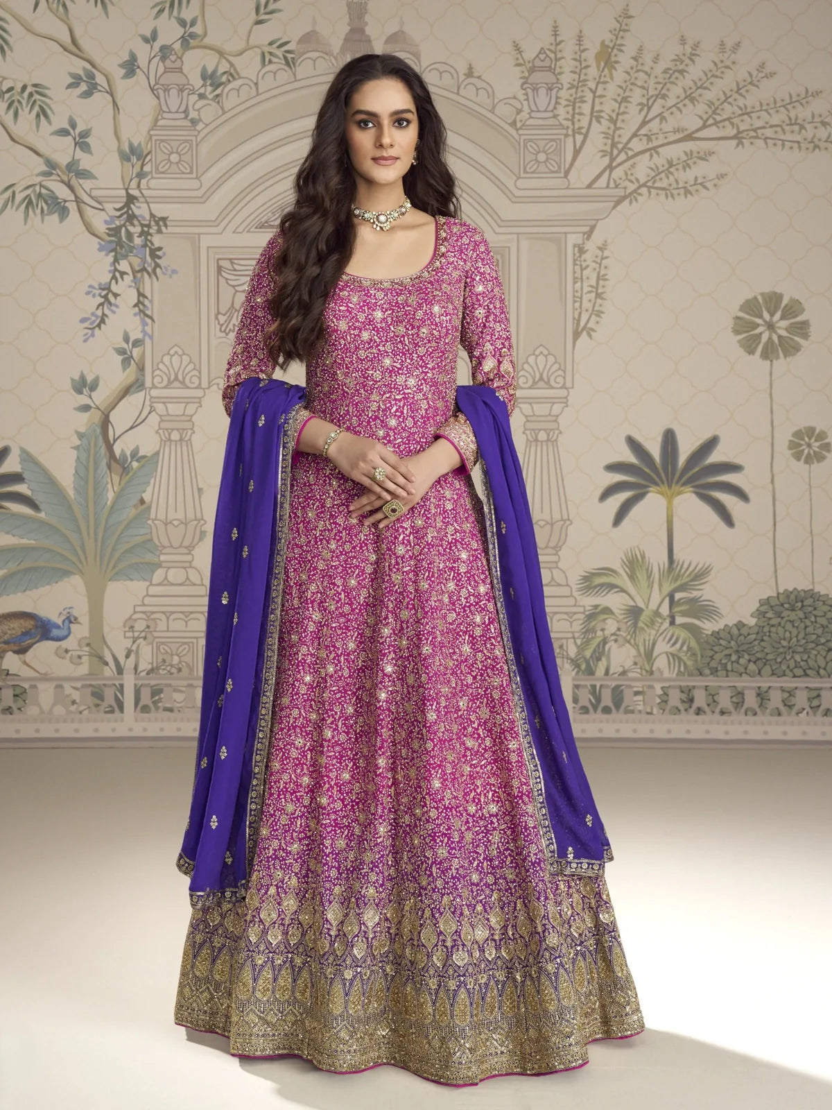 Tarani premium pink georgette gown full view with dupatta and embroidery