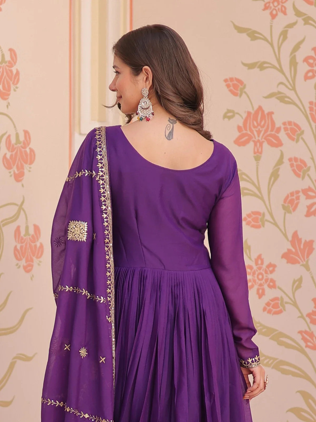 Tarani purple georgette gown back design view with dupatta drape
