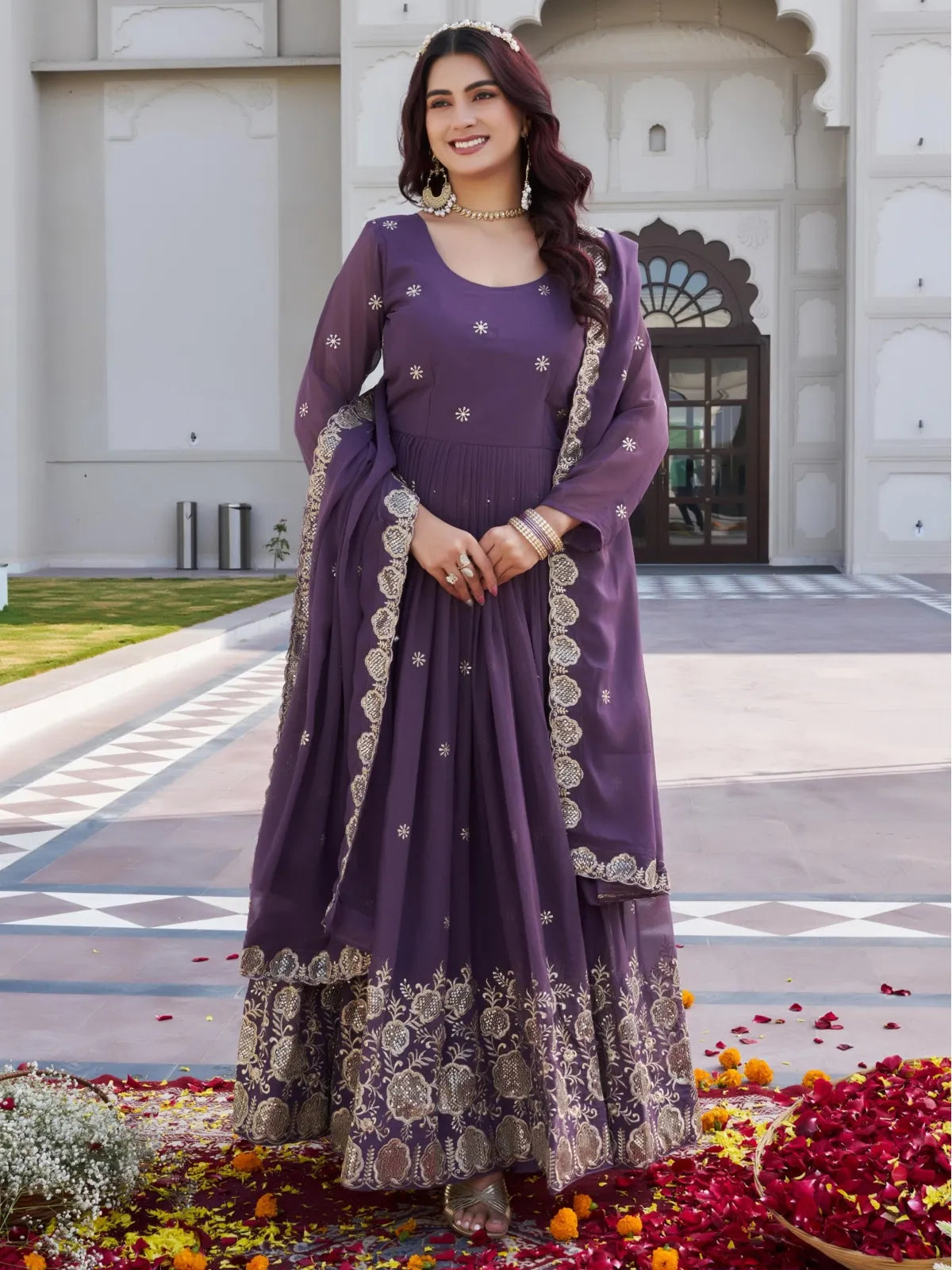 Tarani purple georgette gown full front view with embroidery and dupatta for festive occasions - Ishivitika