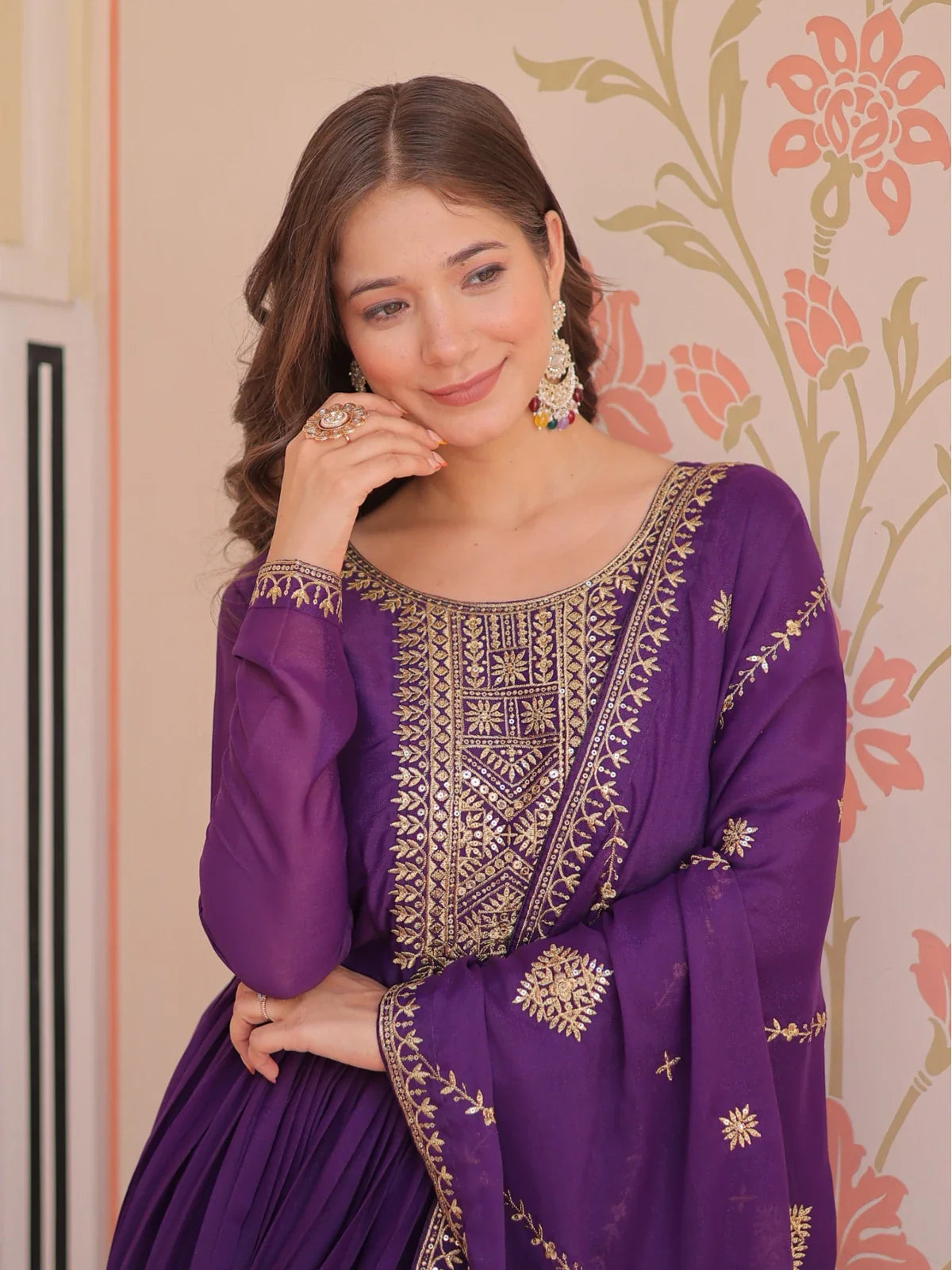 Tarani purple georgette gown close view of embroidered neckline