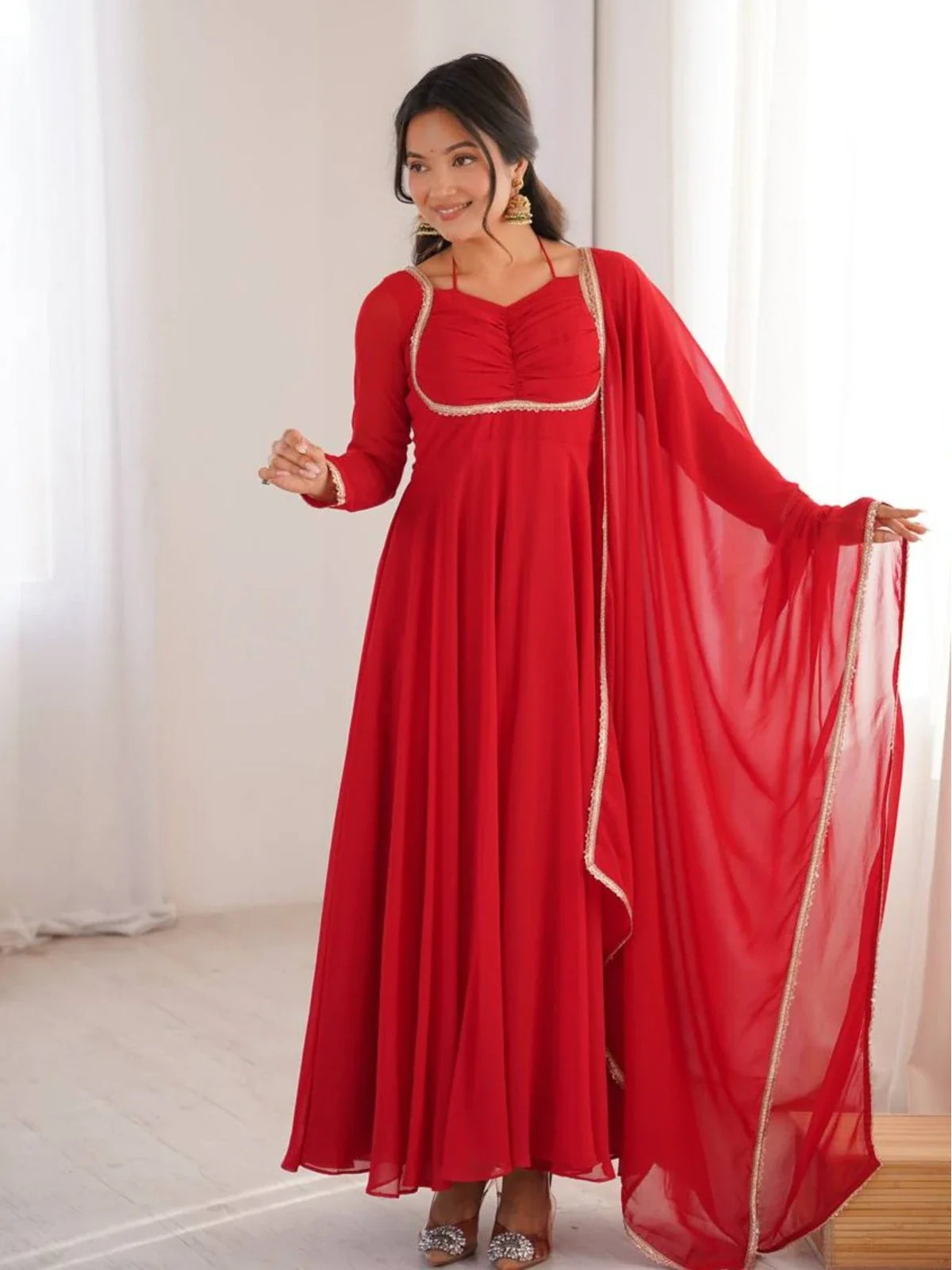 Tarani red georgette gown full front view with dupatta and festive look