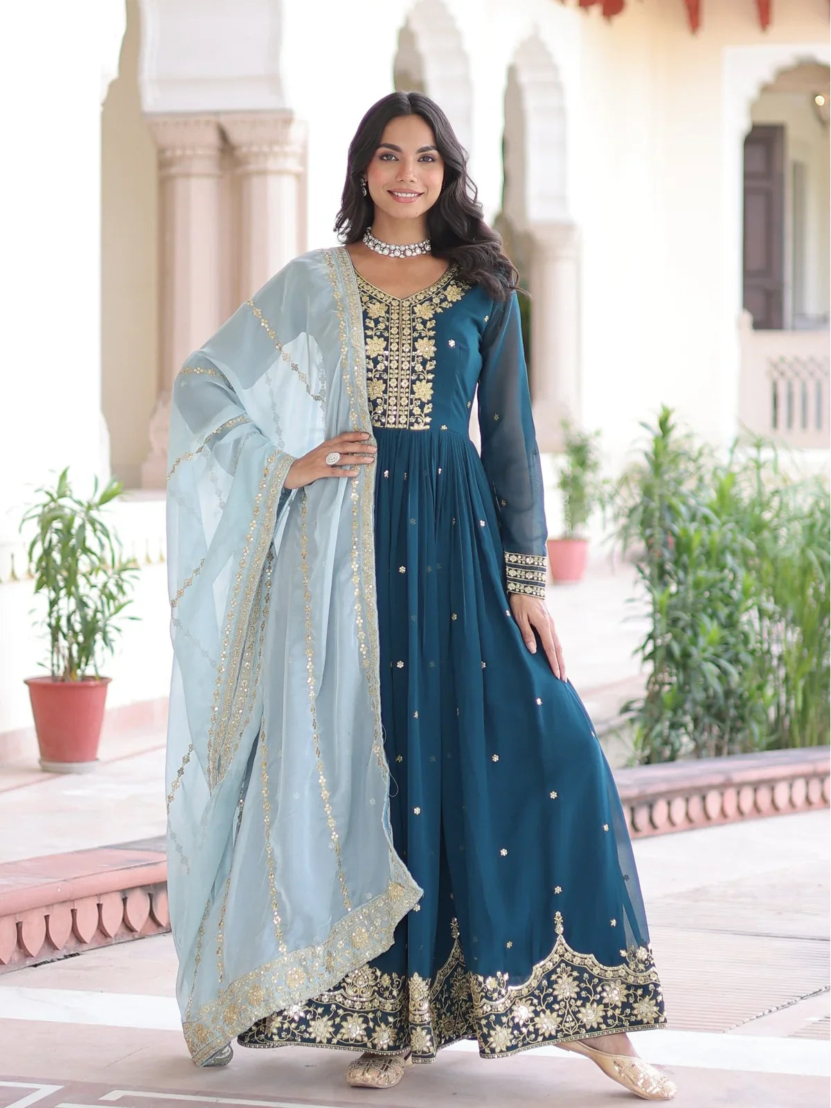 Tarani teal faux georgette full gown with zari sequins embroidery and party dupatta