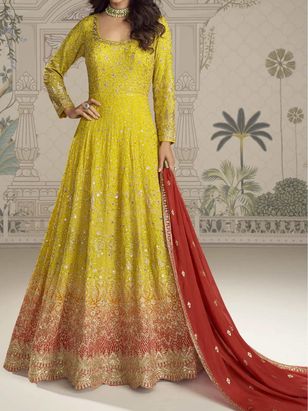 Tarani Abhaya yellow embroidered gown front view with contrast dupatta for party wear