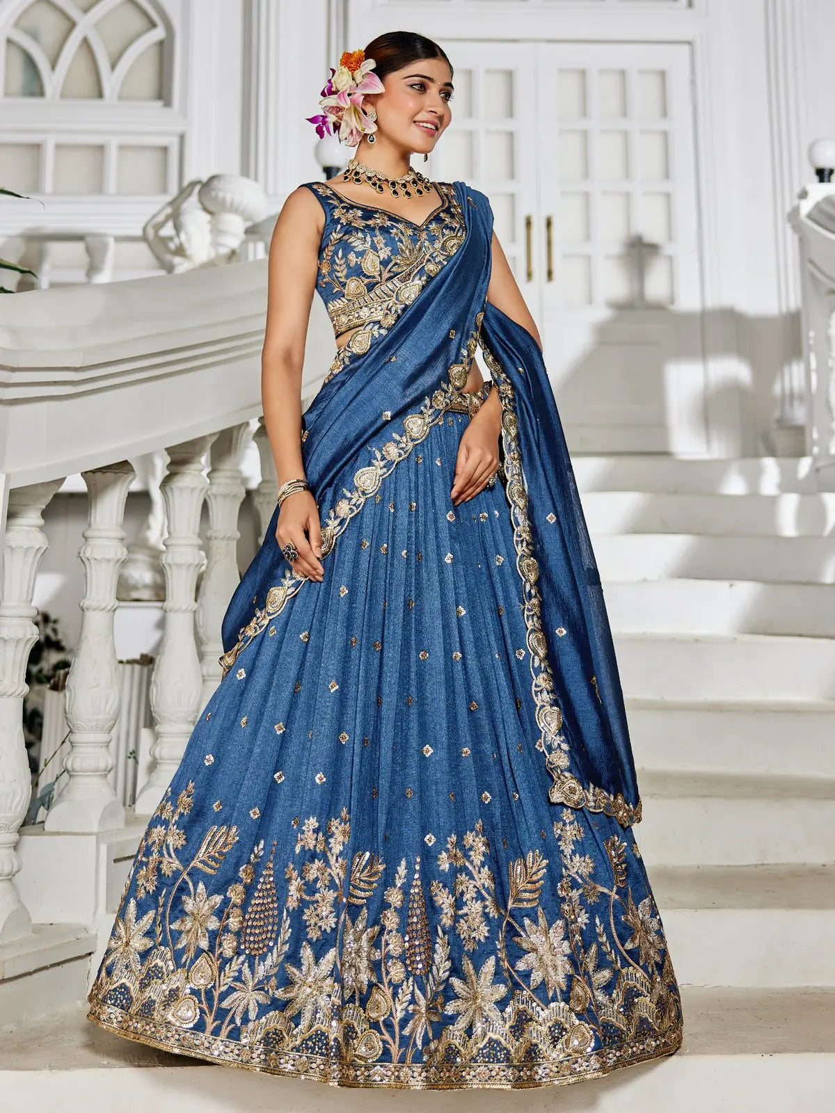 Tarani premium blue georgette lehenga with golden embroidery full view for weddings
