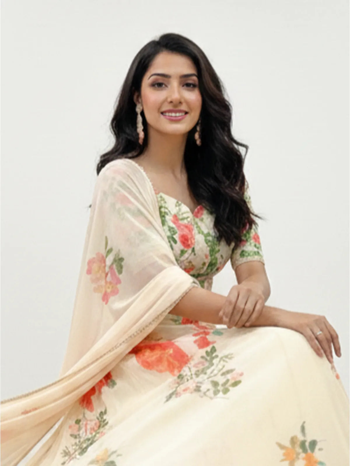 Tarani elegant cream lehenga with green and red floral blouse in front-facing upper body pose