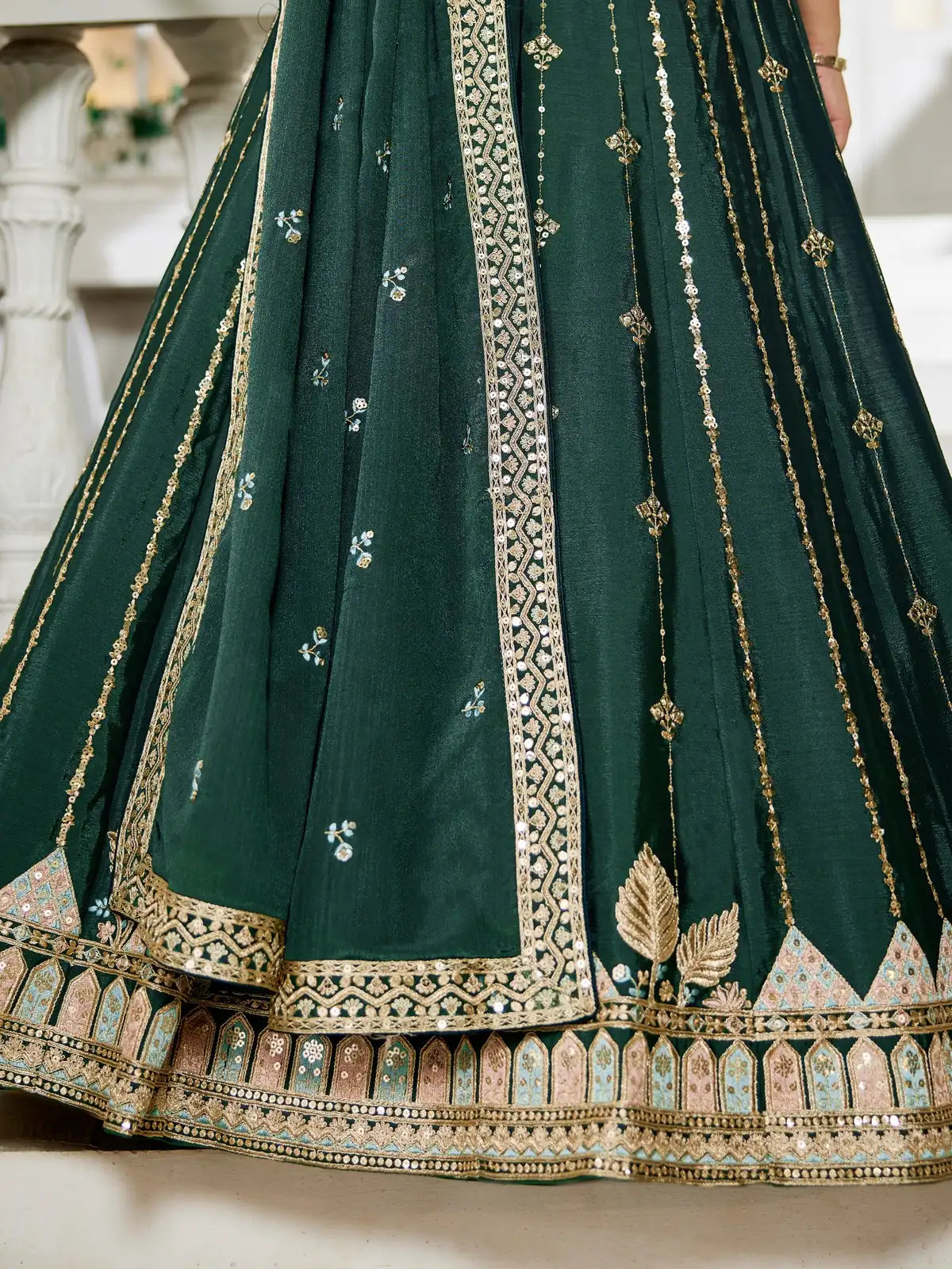 Tarani green georgette lehenga closeup view of embroidery border and fabric detailing