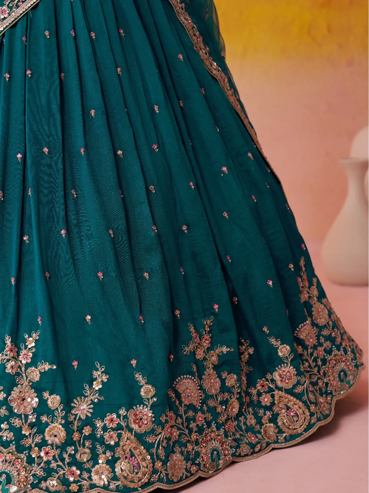 Tarani green lehenga closeup embroidery with floral zari thread and sequin border details