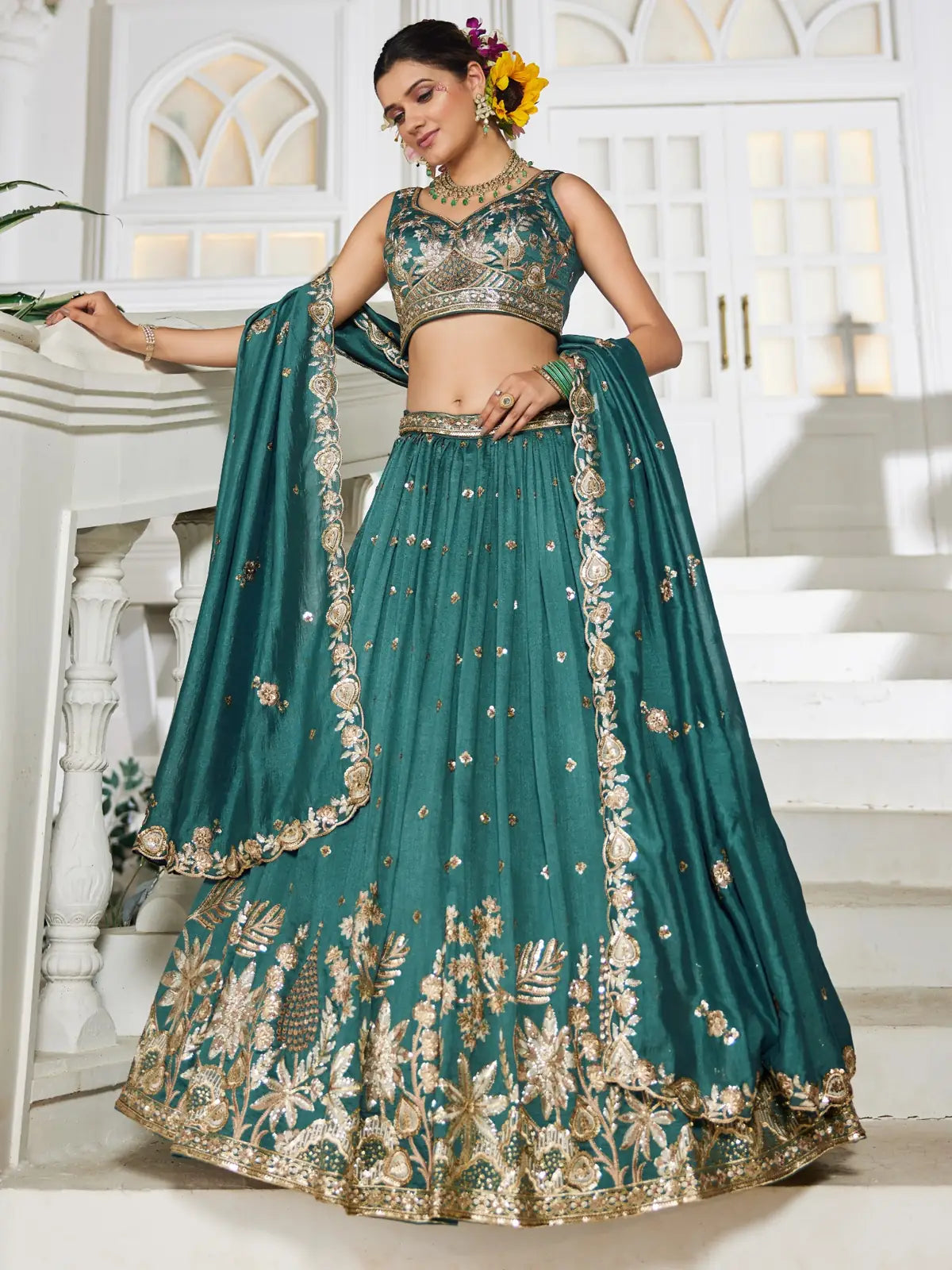 Tarani premium green georgette lehenga with heavy embroidery full front view