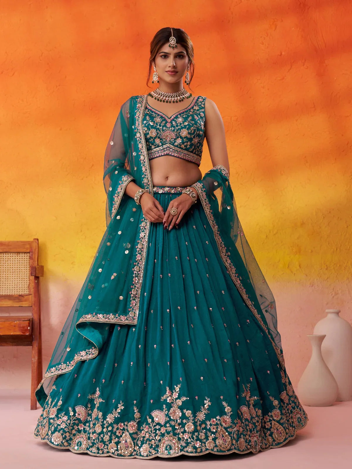 Tarani premium georgette green lehenga full view with detailed embroidery and sequin work