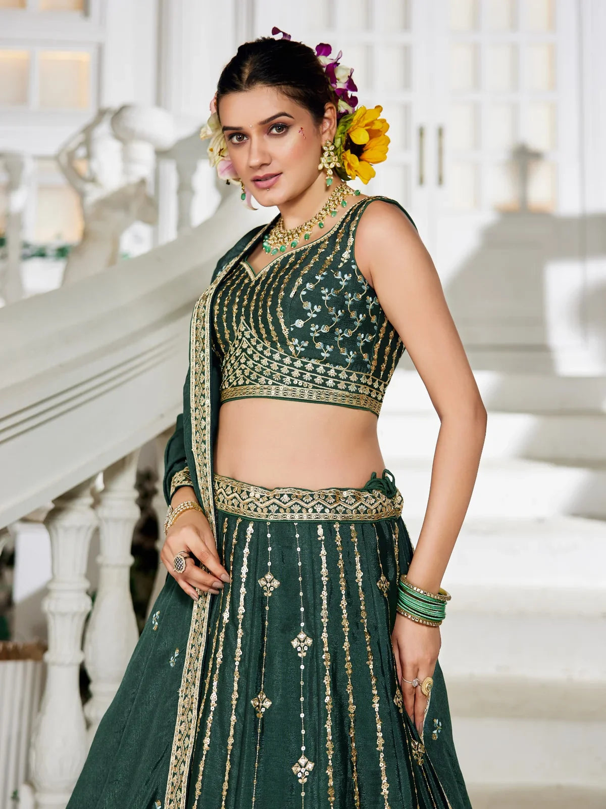 Tarani green georgette lehenga upper body view with sweetheart blouse embroidery