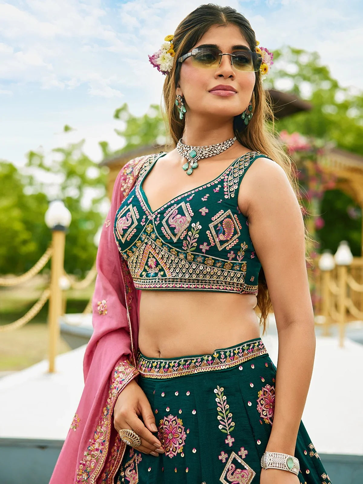 Tarani green georgette blouse with sequins and embroidery close shot paired with pink dupatta Ashmika