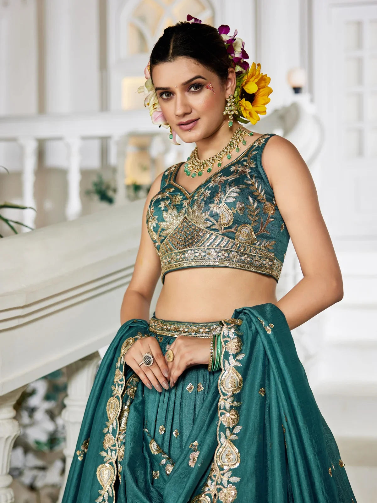 Tarani elegant green georgette lehenga upper body view with embroidered blouse